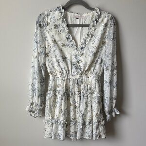 Pookie & Sebastian Ruffle White and Blue Floral Long Sleeve Mini Dress XS EUC